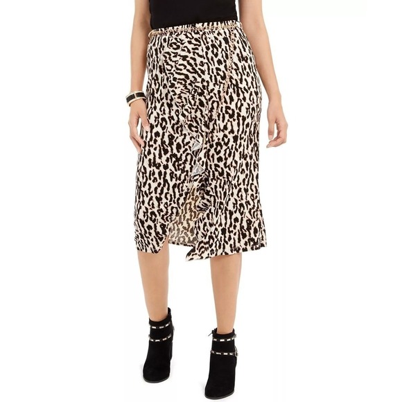 THALIA SODI Leopard-Print Ruffle-Trim Skirt Neutral Animal XL - Picture 1 of 5